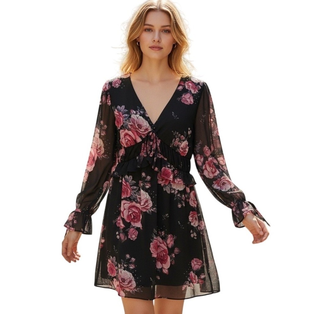 Vintage Women's Dress Black Floral Print Long Sleeve V Neck Tie Front Ruffle